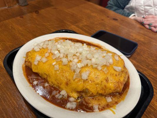 Large beef & bean wet burrito with onion