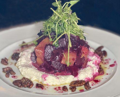 Beet & Pear salad on a bed of ricotta cheese