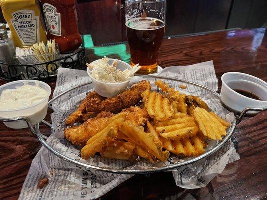 Breaded Perch with waffle fries and Oktoberfest