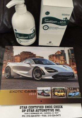 Car calendar and sanitizer given to me