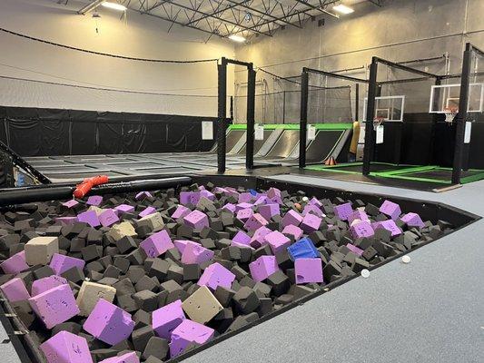 Dodgeball trampolines, basketball, balance beam, foam pit