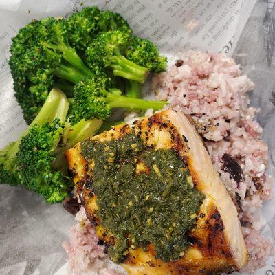 Chargrilled salmon with pesto, broccoli and cherry coconut rice