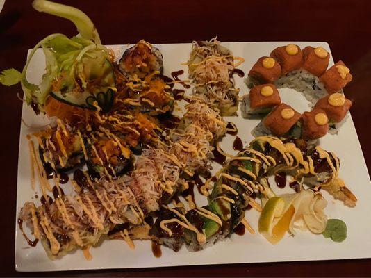 Volcano roll, Godzilla roll, Angry Dragon, and Hurricane roll