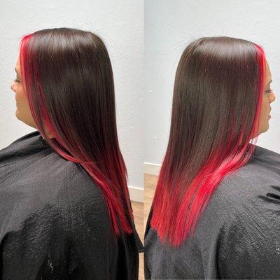 Bright red money piece and balayage.