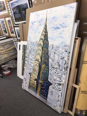 Stretched this very large Chrysler building painting that was sent to us from LA direct from the artist.