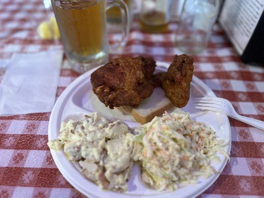 2 piece white meat with potato salad and cole slaw and a frosted mug beer!