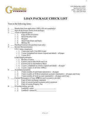 Loan Checklist and form fill out 1/3