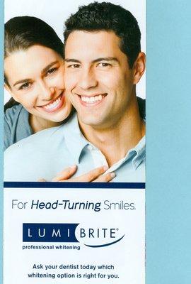 Looking to brighten up your smile, ask us about our Lumi-brite professional whitening treatment.