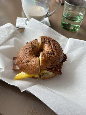 Bagel, bacon and egg sandwich...bacon is a must!