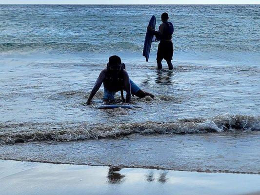 Ethan and Nick boogie boarding at Hapuna Beach on 7/28/23