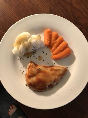 CAN YOU BELIEVE THIS MEAL IS PURÉED ! BBQ Chicken with baby carrots and mashed potatoes.