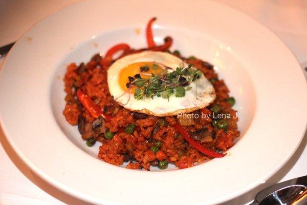 Mushroom Paella ($29) saffron-spanish rice / shiitake / peas / tomato / sunny-side egg