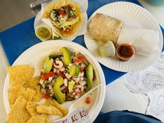 Fish taco, shrimp ceviche, slam donkey burrito