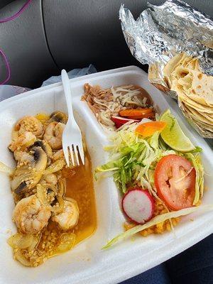 Camarones al mojo de ajo with rice , beans, tortillas