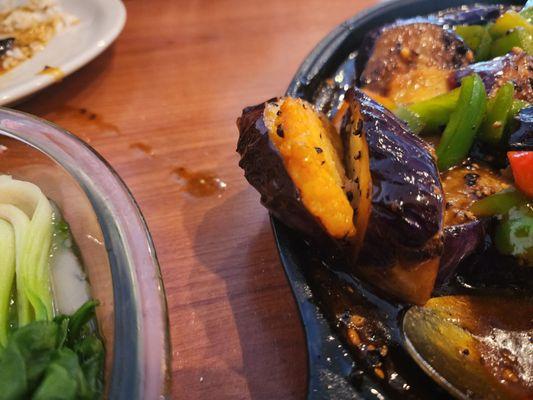 Pounded shrimp between eggplant slices