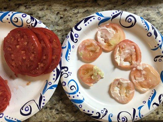 Tomatoes that came on my sub (right), tomatoes that I replaced them with (left)