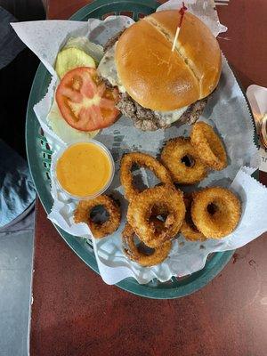 Classic burger and Onion rings