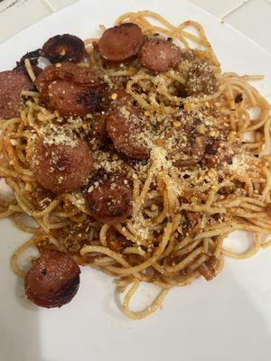 spaghetti with meat sauce, and hot sausages