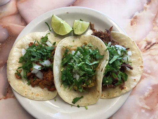 Al pastor, carnitas, and barbacoa.