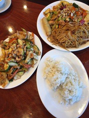 Cashew chicken, Kung Pao Chicken, Lomein noodles and rice