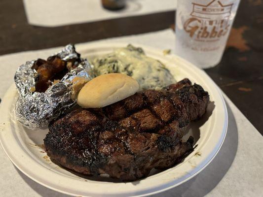 16oz Ribeye with spinach casserole and backed sweet potato