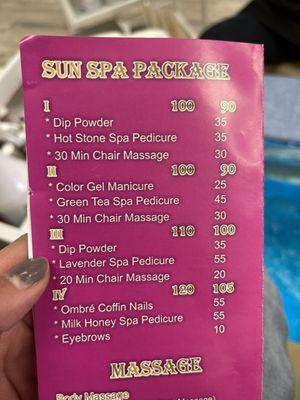 Menu of spa packages.