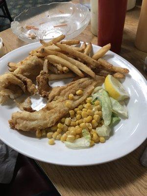 Sorry started eating before getting a picture, but the walleye was great--came with corn (canned), potato, salad or soup.