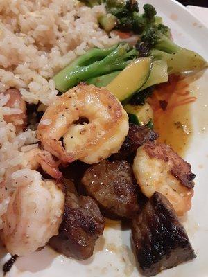 Steak & Shrimp Hibachi Lunch cooked medium well. Melt in your mouth, awesome! $13