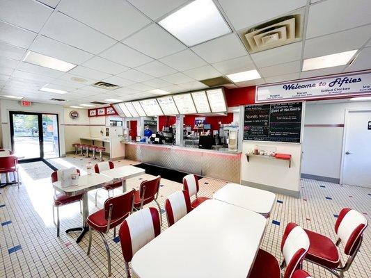 Interior with tile and red/white theme.