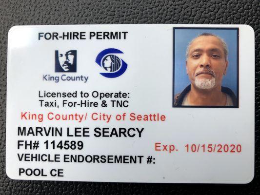 This is my king County permit for taxi service.