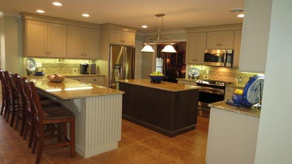 Maple Cabinets - Painted Taupe on the perimeter with a dark stained Island