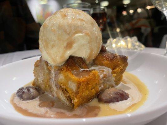 Sweet Potato Bread Pudding, pecans, and vanilla ice cream