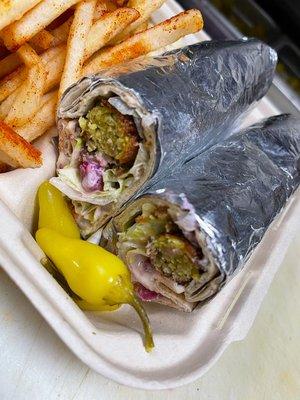 Falafel wrap with fries.