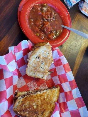 Patty melt and veggie beef soup