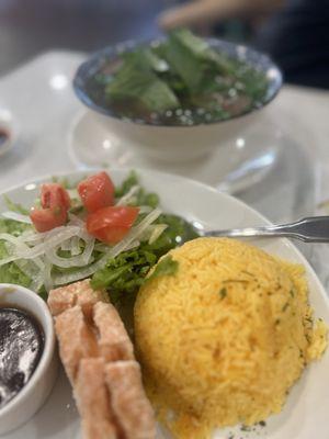 Salmon rice and rare steak Pho