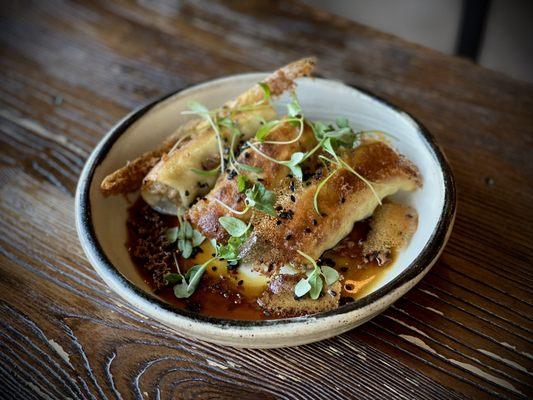 Crispy Mandu dumplings pork kimchi sweet potato noodles