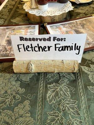 Reservation tag for our family dinner