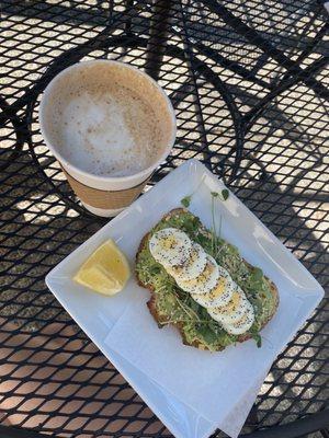 Avocado toast with honey cinnamon latte