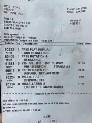 Receipt showing rebalancing was to be done.  It wasn't