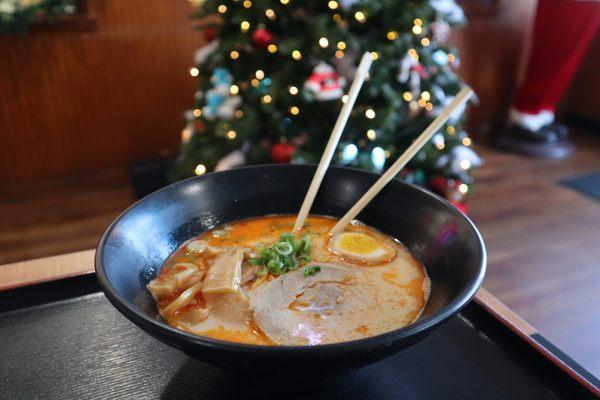 Bamboo Coco Ramen- new this winter 2022-2023! Soup is made with miso base, creamy coconut milk, ground chicken, chili pepper and spices