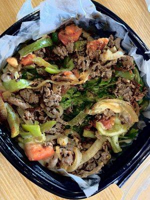 Steak Blast Bowl! All veggies (tomato, mushroom, onions, peppers) grilled to perfection without being burned.