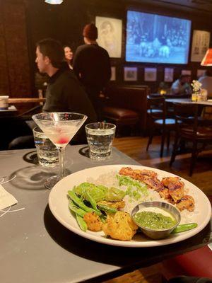 Chicken Kebob Platter and pineapple infused martini