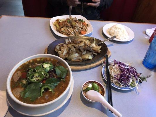 Sizzling beef, bun bo hue noodles and drunken noodles