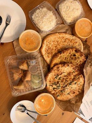 Chicken Tikka Masala, Garlic Naan, Garlic Pesto Naan, Veggie Samosa