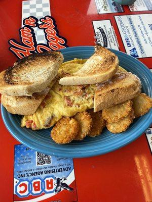 3 egg omelette with toast and hashbrowns