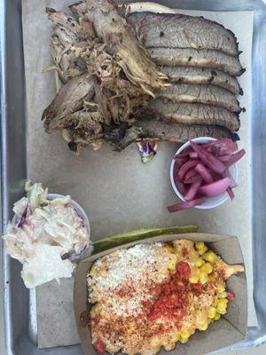 2 meat (brisket and pulled pork- no BBQ sauce) with street corn and coleslaw