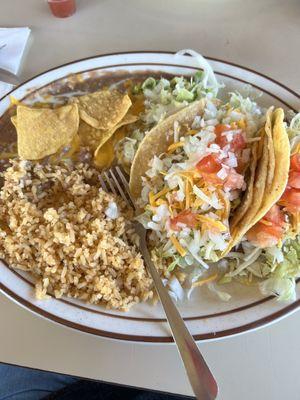 2 shredded beef tacos w/beans & rice!