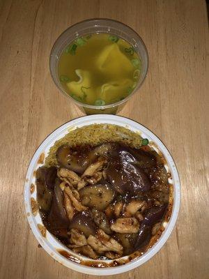 Chicken and eggplant in garlic sauce with vegetable fried rice, and a wonton soup