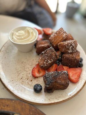 Crispy French Toast Bites-they were pretty burnt but overall tasty when you eat around the burnt part.