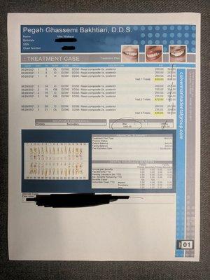 Treatment plan proving I was a patient here, showing recommended 9 fillings and $1940 cost.